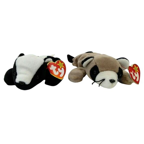 2x Vintage Ty Beanie Babies Ringo the Raccoon + Stinky the Skunk Plush Beanies - Picture 1 of 11